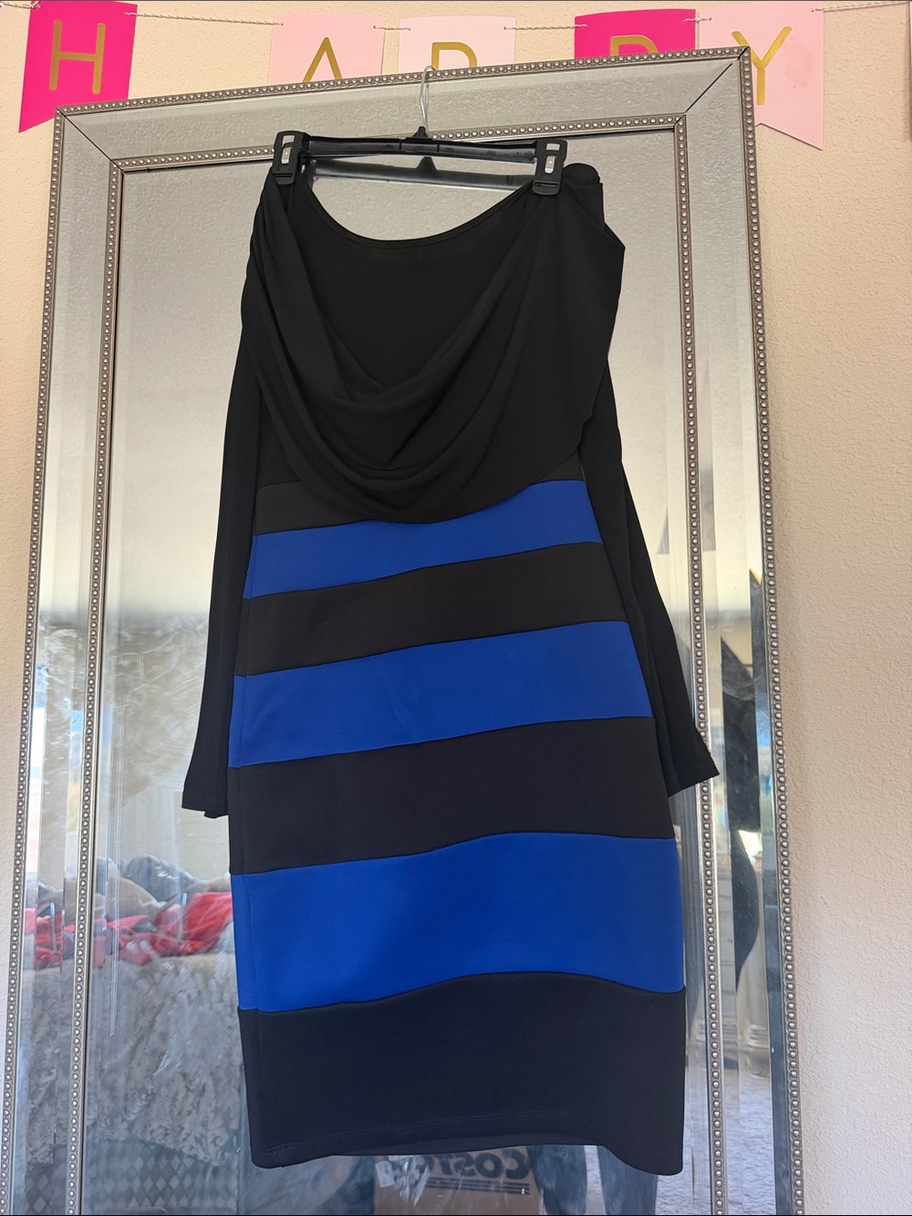 Trixxi Black and Royal Blue Striped Cowl Neck Long Sleeve Dress